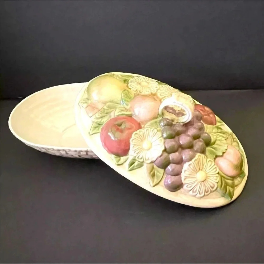 *Final Price* Ceramic Lattice Dish Flowers Fruit Hand Painted Glazed 1970s
